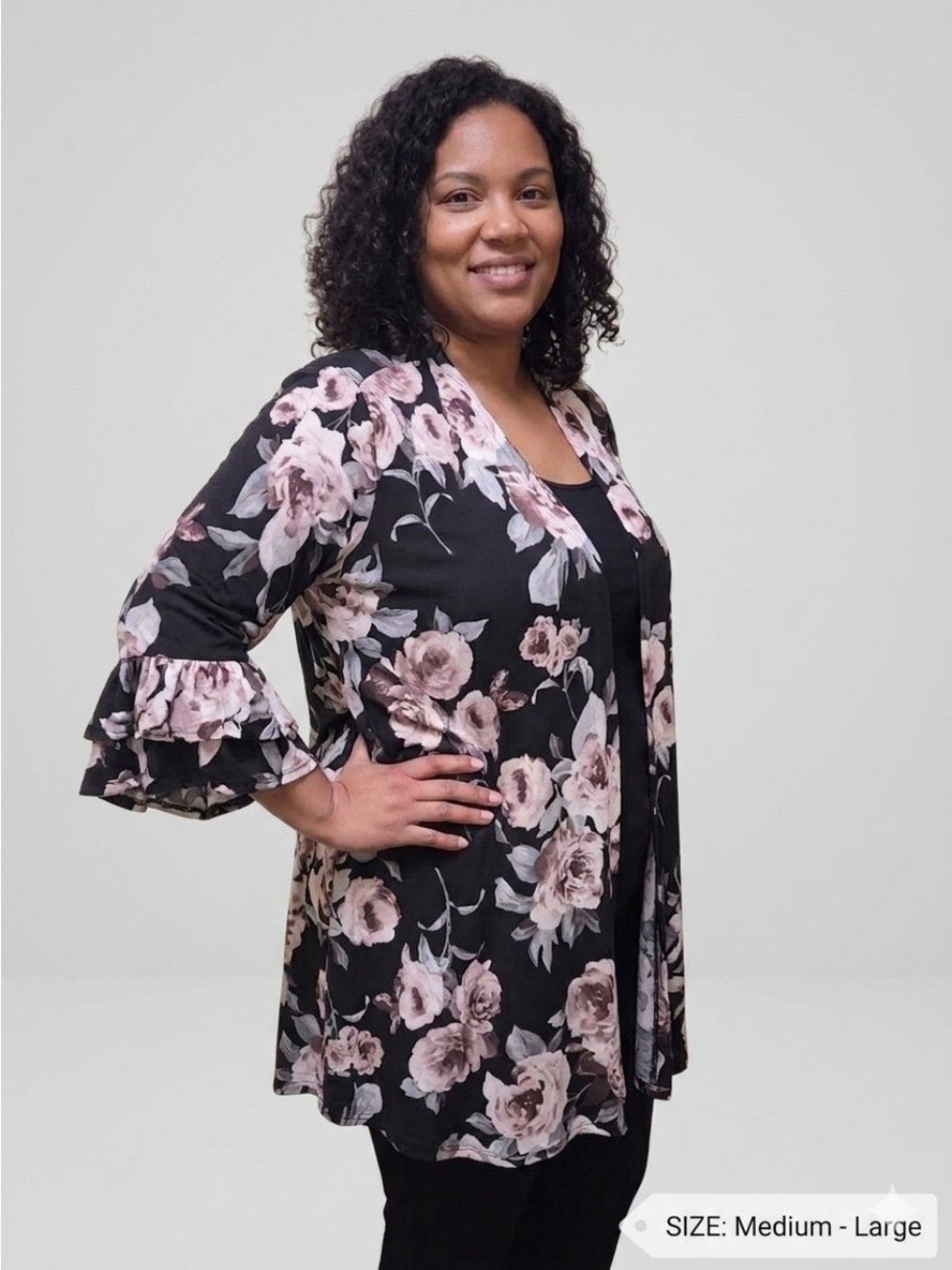 Source Unknown Black Floral Open-Front Kimono with Pink Roses